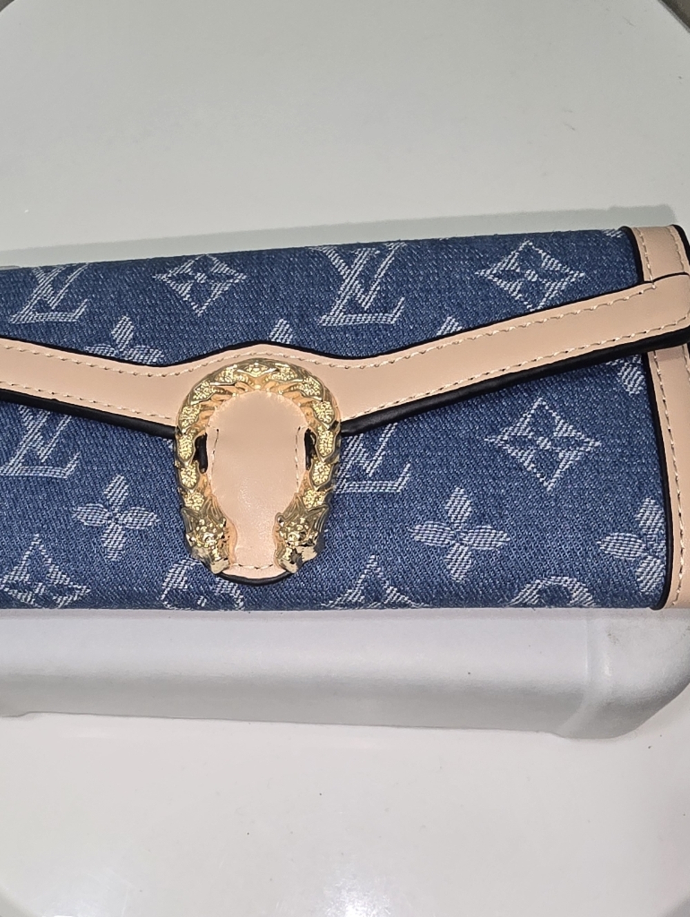Blue Monogram Clutch Wallet with Pale Pink Trim